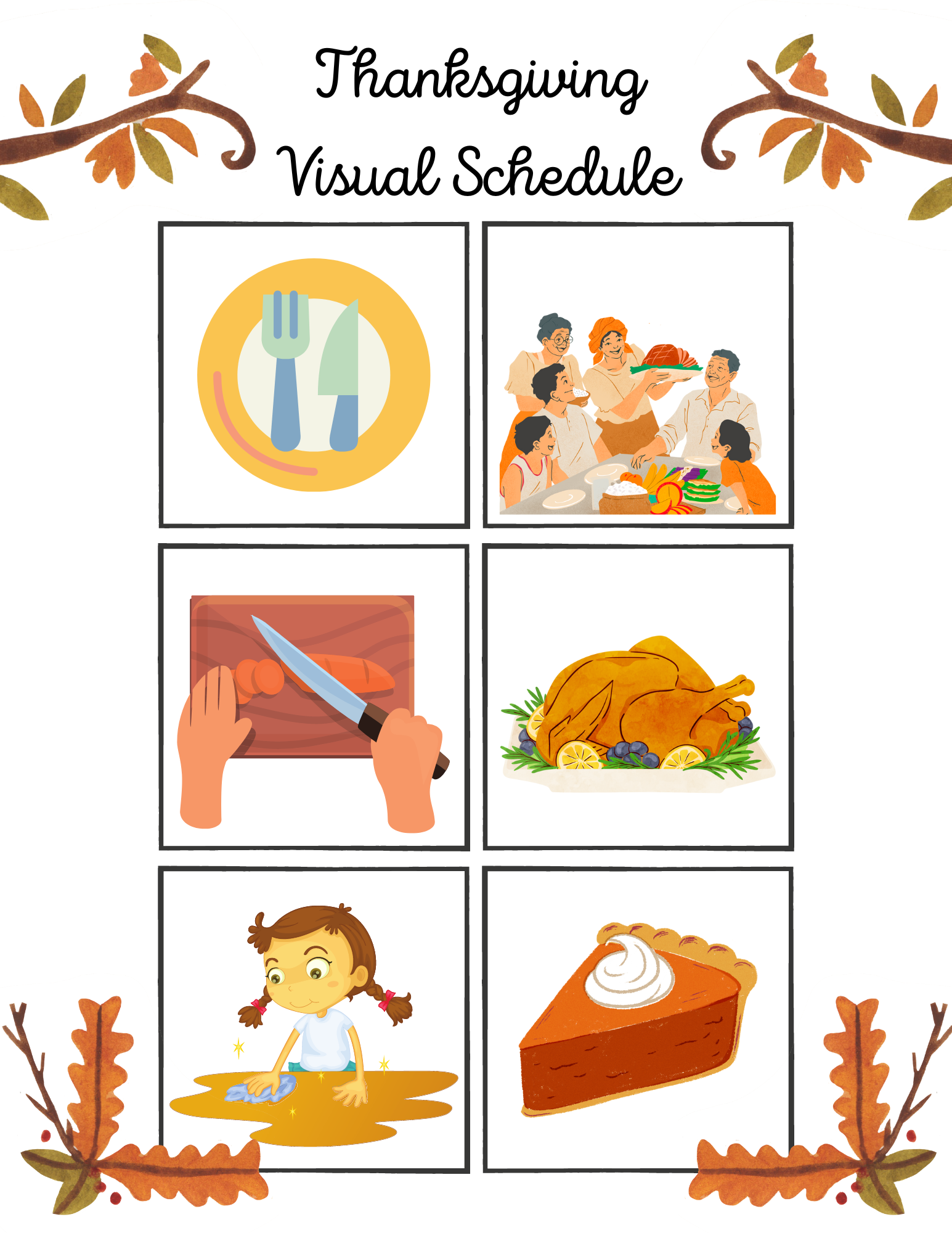 Visual Schedule with six thanksgiving day activities.